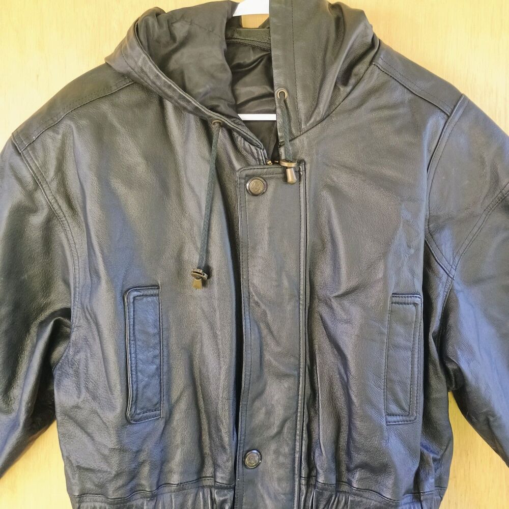 Genuine Leather Hooded Jacket Vintage Real Leather Parka Coat Drawstring Waist M - Picture 2 of 16